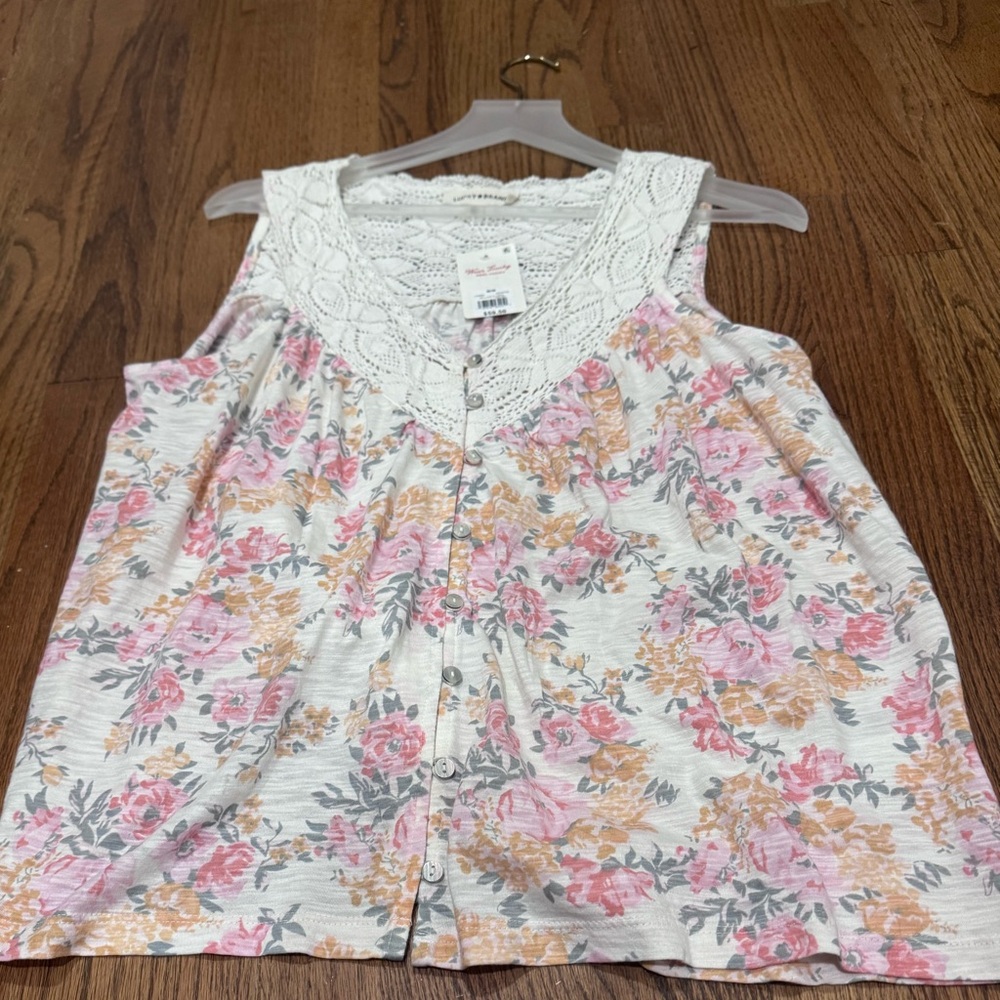 NWT Lucky Brand Crochet-Trim Floral Button-Front Camisole - Pink & Cream - Picture 3 of 7